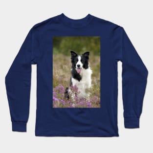 Border Collie Sitting in a Field of Flowers, Smiling With Tongue Out Long Sleeve T-Shirt